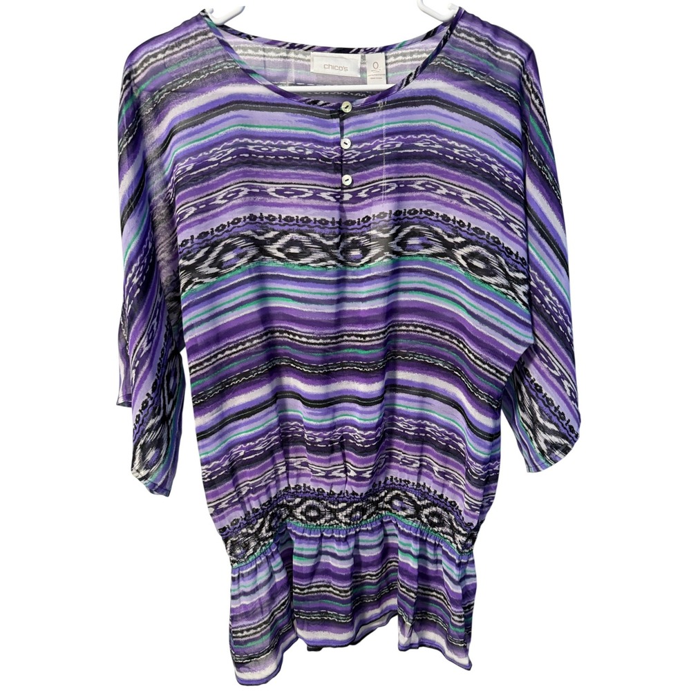 Chico's Peplum Blouse Women 0 Purple Ikat Stripe New with Tags